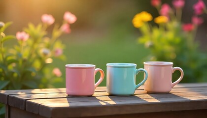 Fototapeta premium Serene cabin scene featuring steaming mug on wooden table, surrounded by nature beauty, Mugs on table in cabin, created with generative ai