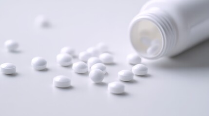 Close-up of a white medicine bottle with scattered white pills on a clean white surface, shallow depth of field creating soft focus effect, emphasizing pharmaceutical health and medication concept.