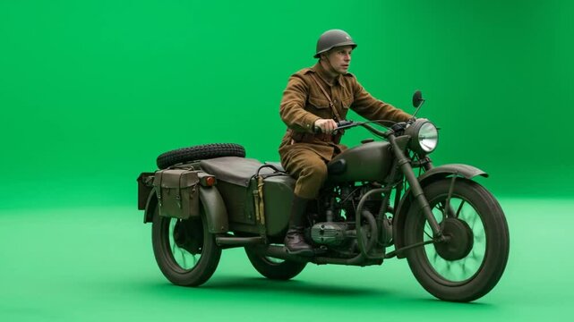 Man Riding Military Motorcycle on Green Screen Background for Compositing