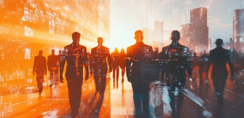 Silhouette Figures Walking Through a Futuristic Cityscape, Orange-Toned