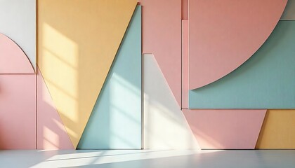 Pastel geometric wall in bright, modern art gallery, multi colored wall in a room, Modern art gallery with colorful abstract panels in sunlit room, created with generative ai