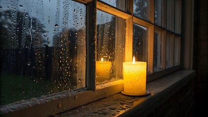 Yellow Candlelight Reflecting in Rainy Window at Night 
