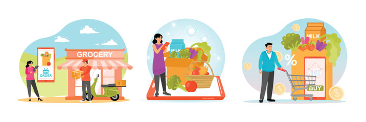 Obraz premium Courier Delivering Goods Shop. Buying Grocery Food Products. Man, Trolley, Groceries and Smartphone.