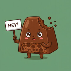 A chocolate bar cartoon character with a bite taken out holds a sign reading "HEY!" against a green background. The character has an surprised expression.