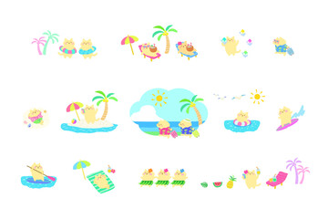 夏リゾートを楽しむ猫達のかわいい手描きイラストセット