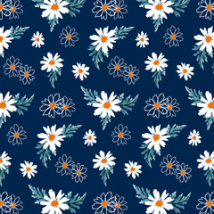 Blue background with daisies.Vector seamless pattern with white daisies on a blue background.