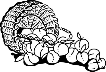 Hand-drawn basket of peaches vector doodle. Basket of spilt peaches. A sweet harvest of peaches.