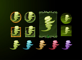set of fantasy gothic medieval button, skill symbol and card design with wind air magic elements in green and various color