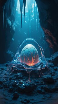 Deep inside a bioluminescent cave, an alien egg lies on a glowing stone. Its iridescent veins reveal vague shapes inside, creating an otherworldly atmosphere and wonder
