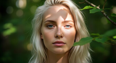 Naklejka premium Portrait of a Beautiful Woman with Blonde Hair in Nature
