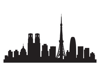 Black silhouette of Tokyo city skyline with famous tower and urban buildings on white background.