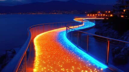 Fototapeta premium Illuminated Coastal Walkway at Night.