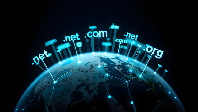 Domain names hover above a digital globe with network connections