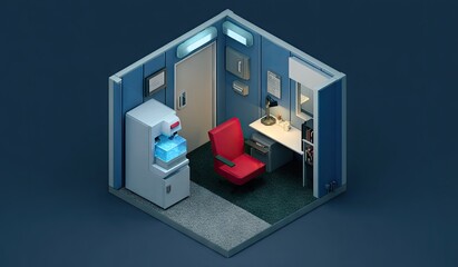 Isometric view of a small, minimalist room with a red chair, desk, water cooler, and door;  blue walls and dark floor
