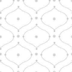 Seamless pattern with black linear floral ogee geometrical motifs on a white background. Minimalist classic abstract repeat wallpaper.