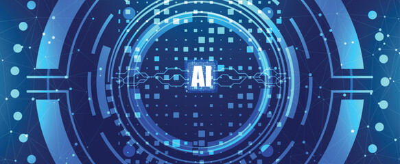 Futuristic AI technology background with digital circle, circuit lines, and data connection network.