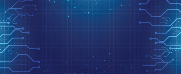 Digital circuit tech background with flowing lines and arrows on a blue futuristic grid.