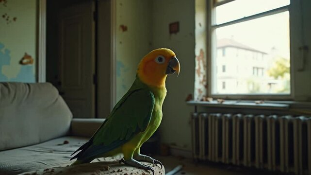 Parrot Perching Indoors on Couch in Dilapidated Room