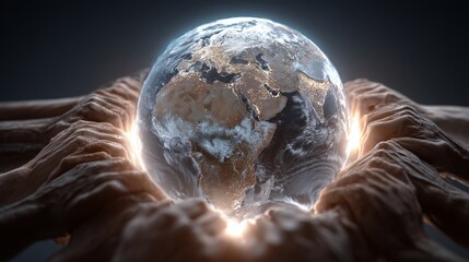 Hands joining together over a glowing globe, unity and global business collaboration