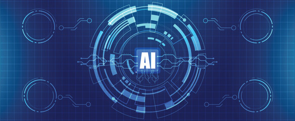 Futuristic AI technology background with digital circle, circuit lines, and data connection network.