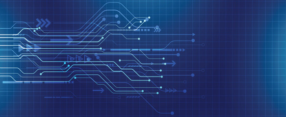 Digital circuit tech background with flowing lines and arrows on a blue futuristic grid.