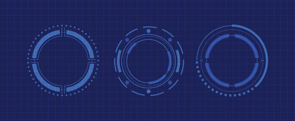 Set  futuristic HUD circles on a blue grid background, perfect for technology and UI design.