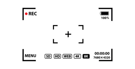 video camera frame. camera viewfinder screen with rec, battery, battery helth, focusing, regulation, menu, recording time. png and vector illustration on transparent background