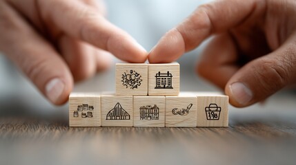 Hands stacking wooden blocks with company logos, teamwork and business stability metaphor