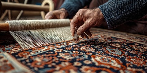 Close-up of hands weaving detailed floral-patterned textile on loom with colorful threads in artisan workshop. Generative by AI.