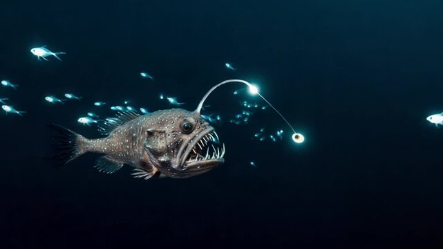 Deep-sea anglerfish hunting bioluminescent prey