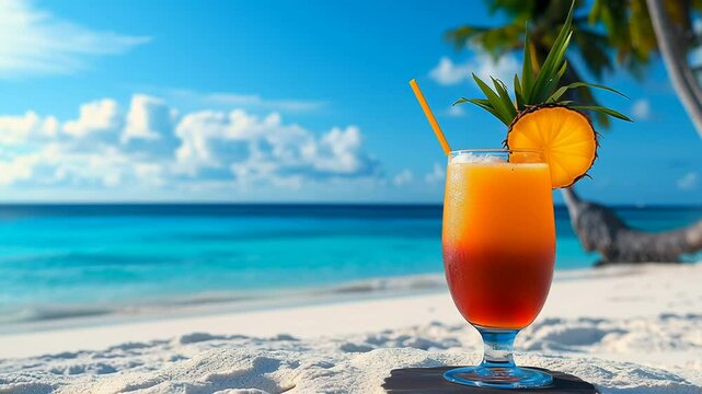 Refreshing tropical cocktail served in a tall glass with a pineapple slice and straw, placed on sandy beach with turquoise ocean waves and clear blue sky in the background, evoking relaxation and vaca