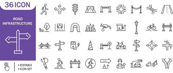 Road Infrastructure Icon Set, Street, Traffic, Transport, Sign, Map, Urban, Editable

