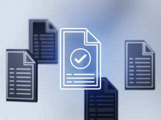 Floating documents with check mark, icon-based workflow and digital paper processing