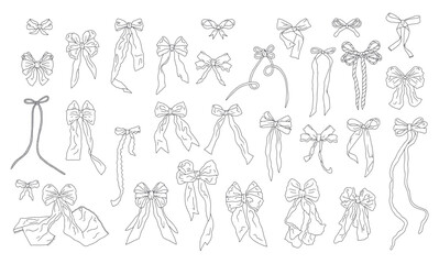 Cute hand drawn fancy linear black and white bow knots bundle isolated on white background. Pretty vintage monochrome line art coquettes set. Doodle decoration clipart. Vector illustration