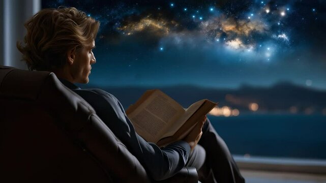 Contemplative reader gazing at stars with new ideas for others