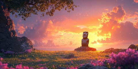 Moai stone statues standing in grassy field under dramatic sunset sky, long shadows cast across the landscape. Generative by AI.