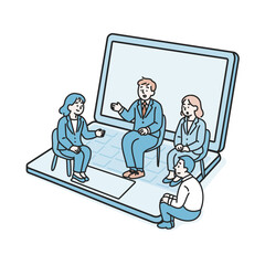 ノートパソコン上で会議をするビジネスマンたち