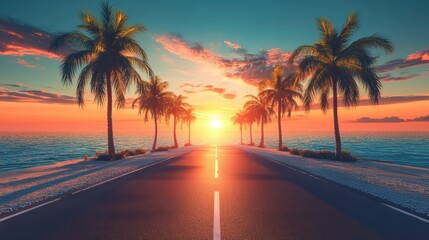 Road lined in Palm Trees,coastal boulevard lined with tall palms on the beach,Beach paradise,Summer beach vibes,Holliday road trip by vehicle.