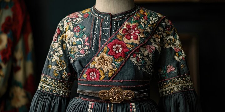 Traditional embroidered folk dress displayed on mannequin surrounded by painted pottery and flowers in wooden interior. Generative by AI.