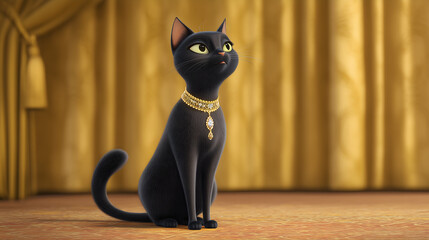 A stylish black cat cartoon illustration stands confidently with clean lines and bold shapes, expressing charm and modern character design in a playful, colorful style.