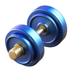 Shiny blue dumbbell with gold handle isolated on transparent background