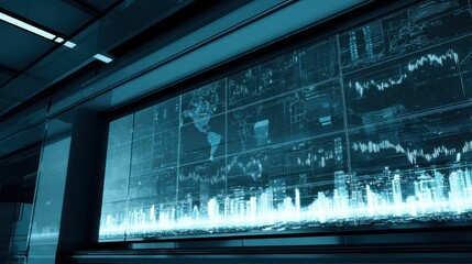 High-tech digital screen displaying a world map with grid patterns, fluctuating graphs, and a neon-style cityscape in a sleek, modern room with linear ceiling lights.