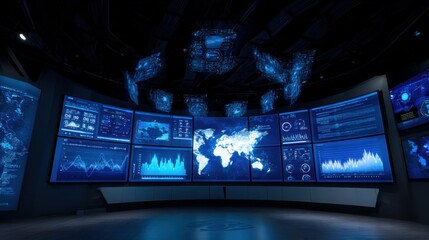 Futuristic high-tech command center with curved digital screens displaying world maps, graphs, and data visualizations in neon-blue tones.