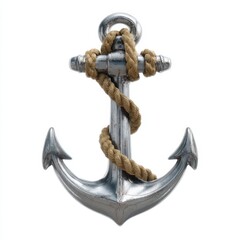 A detailed metallic anchor with a thick rope wrapped around its shank against a white background