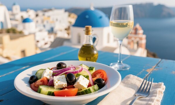 Traditional Greek salad with Santorini architecture in background, served on rustic table with Mediterranean props
