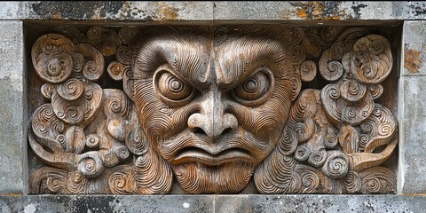 Close-up of intricate wooden carving depicting a symmetrical face with large eyes and swirling patterns on textured surface. Generative by AI.