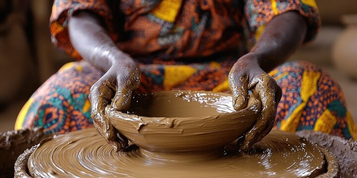 Elderly man works clay on spinning wheel in pottery workshop with shelves of handmade pots and blue walls. Generative by AI.