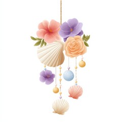 Elegant hanging seashells and pastel flowers with pearls on soft background, perfect for summer decor, 3D, Copy Space, Isolated