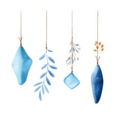 Hanging blue watercolor leaves on rustic branch in vertical gradient tones for boho coastal decor, Watercolor Illustration