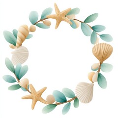 Watercolor marine wreath with starfish, seashells and eucalyptus leaves in soft pastel tones, Watercolor Illustration